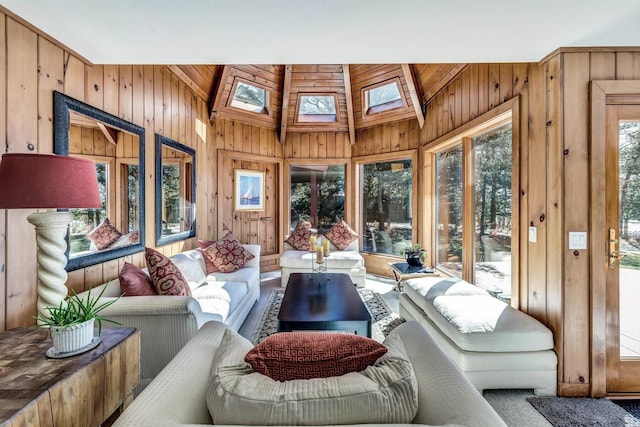 living room with lofted ceiling