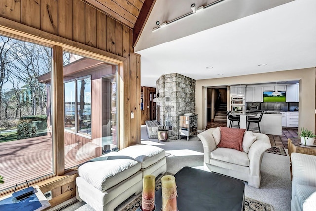 carpeted living room with wood walls