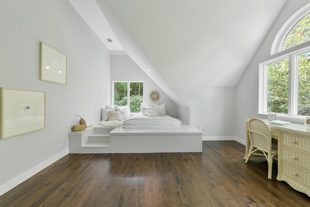 bedroom featuring vaulted ceiling and dark hardwood / wood-style floors