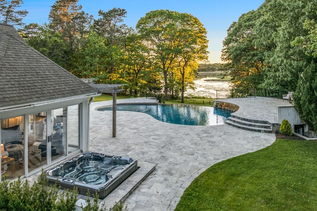 38 Beach Plum Hill Rd, Osterville, MA 02655 - swimming pool featuring an outdoor hot tub, a patio area, and a yard