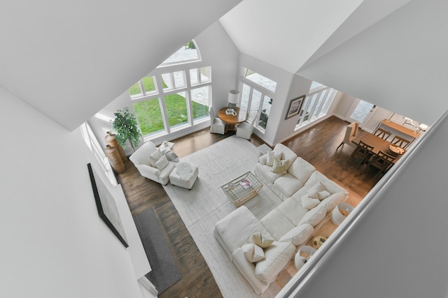 living room with high vaulted ceiling and hardwood / wood-style floors