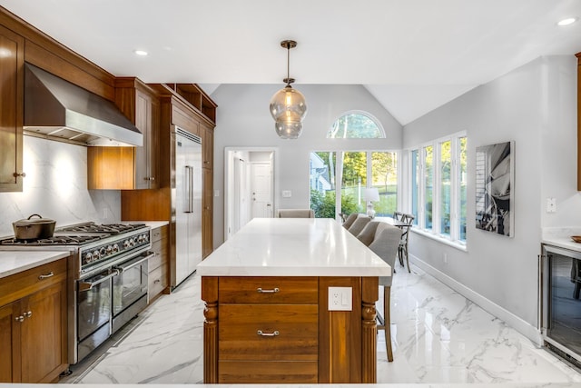 38 Beach Plum Hill Rd, Osterville, MA 02655 - kitchen with wall chimney exhaust hood, stainless steel appliances, light marble finish flooring, beverage cooler, and lofted ceiling