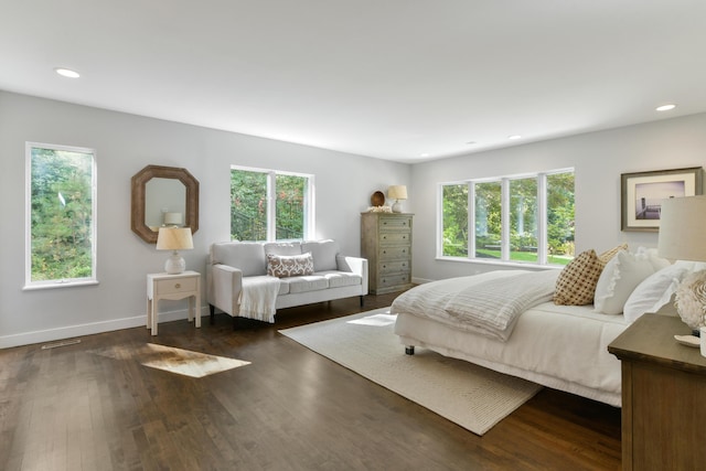 bedroom with multiple windows and dark hardwood / wood-style floors