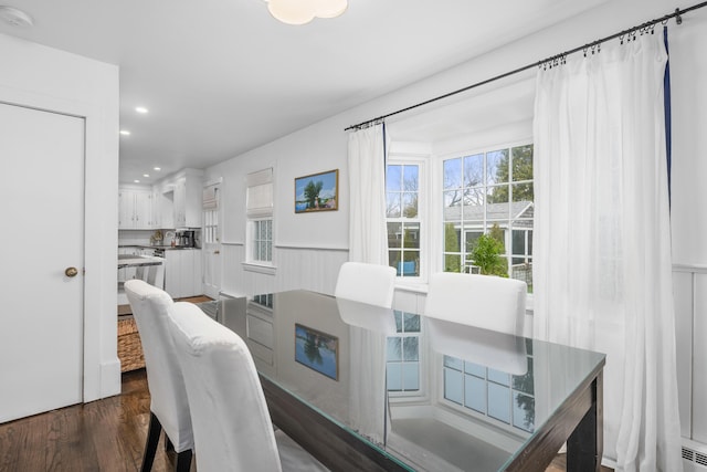 193 Main St, Sandwich, MA 02563 - dining room featuring dark wood finished floors, wainscoting, and recessed lighting