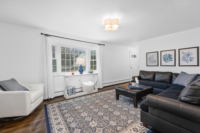 193 Main St, Sandwich, MA 02563 - living room with dark wood-type flooring, a baseboard radiator, and baseboard heating