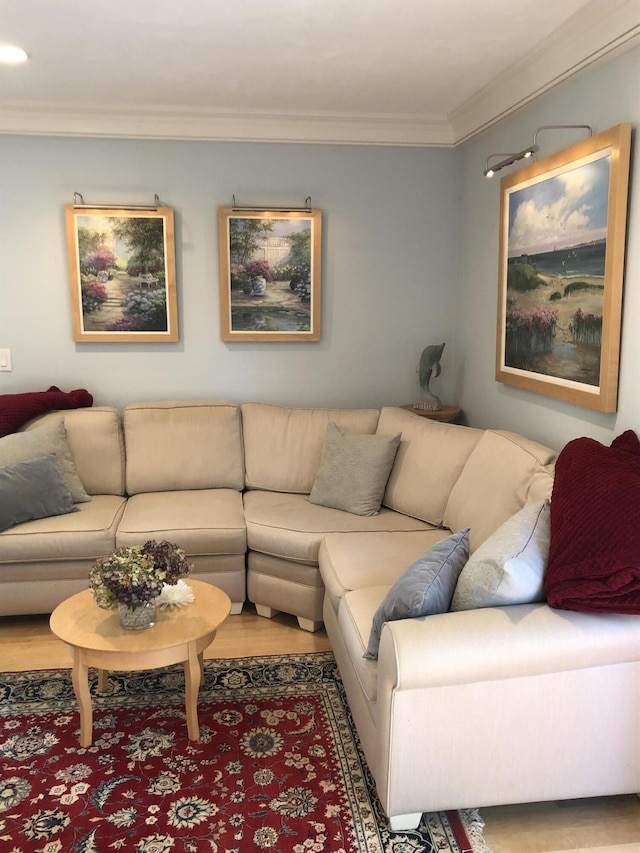 living room with hardwood / wood-style floors and ornamental molding