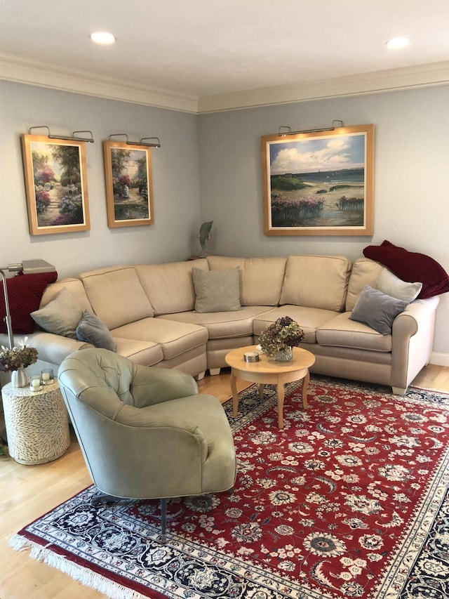 living room featuring wood-type flooring and ornamental molding