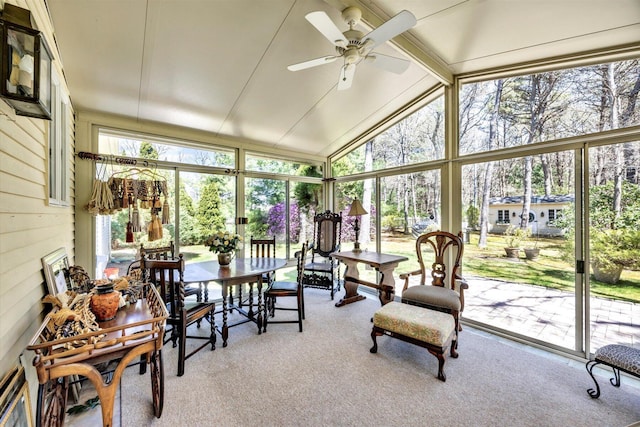 sunroom / solarium with carpet floors, ceiling fan, and plenty of natural light