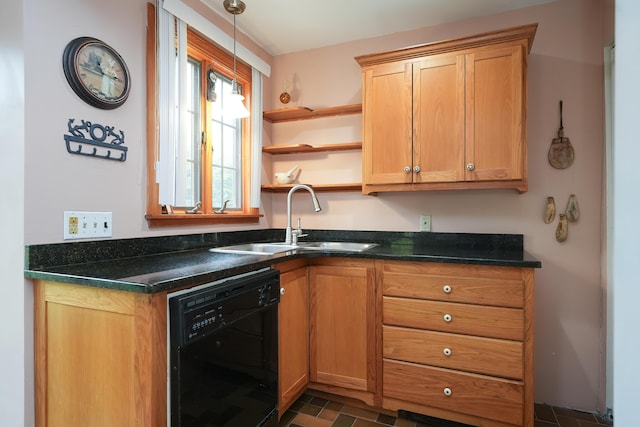 51 Manitoba Rd, Mashpee, MA 02649 - kitchen featuring black dishwasher, dark countertops, open shelves, and hanging light fixtures