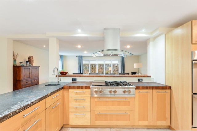 10 Westerly Dr, Bourne, MA 02532 - kitchen featuring stainless steel gas stovetop, island exhaust hood, light brown cabinets, and a sink