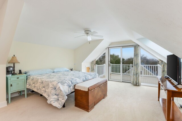 10 Westerly Dr, Bourne, MA 02532 - bedroom featuring vaulted ceiling, access to exterior, light colored carpet, and ceiling fan