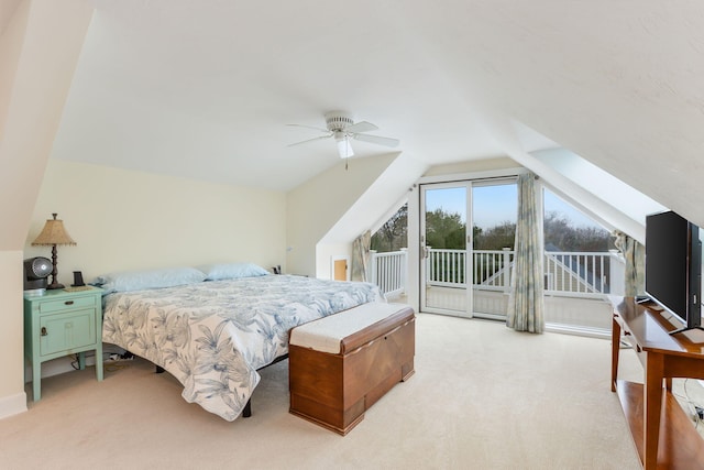 10 Westerly Dr, Bourne, MA 02532 - bedroom featuring vaulted ceiling, access to exterior, light colored carpet, and ceiling fan