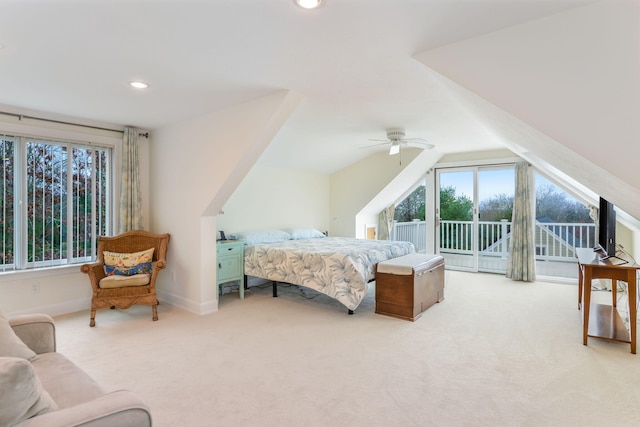 10 Westerly Dr, Bourne, MA 02532 - bedroom featuring light carpet, access to outside, lofted ceiling, and recessed lighting