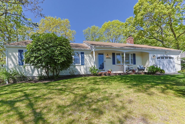 54 Mcnamara Ave, West Yarmouth, MA 02673 - ranch-style house with an attached garage, a chimney, a front yard, and covered porch