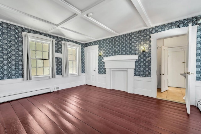 interior space with beam ceiling, a wainscoted wall, wood finished floors, coffered ceiling, and wallpapered walls