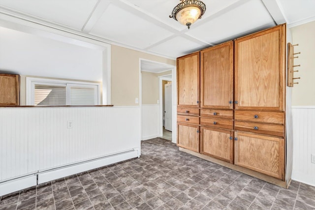 unfurnished room featuring a wainscoted wall and a baseboard radiator