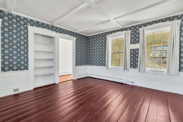 interior space featuring wallpapered walls, coffered ceiling, hardwood / wood-style floors, and wainscoting