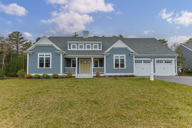 craftsman-style house featuring a porch, an attached garage, aphalt driveway, and a front yard