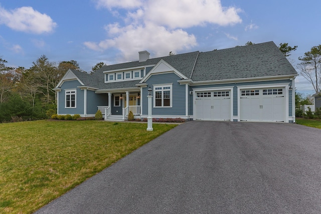 7 Nicklaus Way, Mashpee, MA 02649 - view of front of house with a porch, a garage, asphalt driveway, a chimney, and a front yard