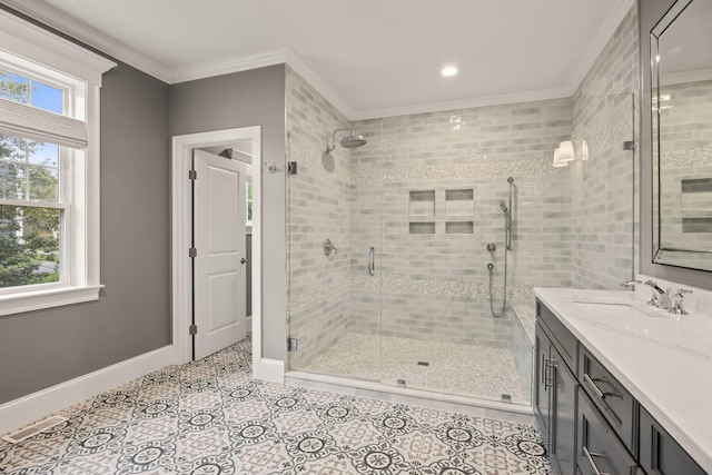 7 Nicklaus Way, Mashpee, MA 02649 - bathroom with vanity, a stall shower, ornamental molding, baseboards, and recessed lighting