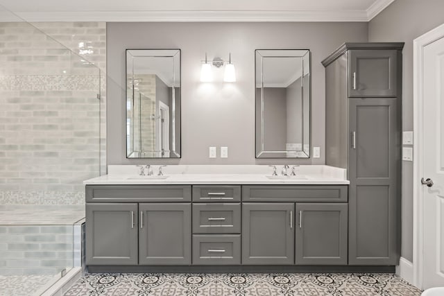 7 Nicklaus Way, Mashpee, MA 02649 - full bathroom featuring crown molding, double vanity, and a shower stall