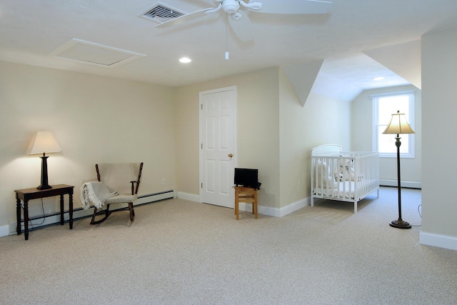 473 Thousand Oaks Dr, Brewster, MA 02631 - living area featuring carpet flooring, baseboards, attic access, a ceiling fan, and vaulted ceiling