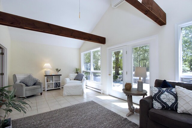 473 Thousand Oaks Dr, Brewster, MA 02631 - living area featuring a baseboard heating unit, light tile patterned floors, beam ceiling, high vaulted ceiling, and a wall mounted AC