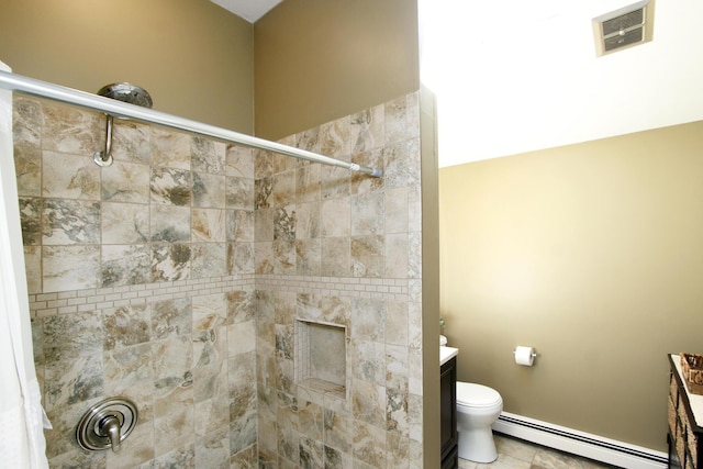 473 Thousand Oaks Dr, Brewster, MA 02631 - full bath featuring baseboard heating, a tile shower, toilet, and tile patterned floors