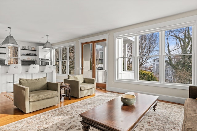 living room with a healthy amount of sunlight and light hardwood / wood-style floors