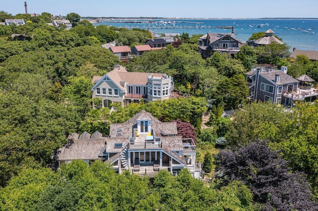 drone / aerial view with a water view