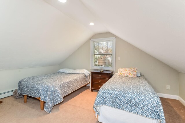 carpeted bedroom with recessed lighting, baseboards, and vaulted ceiling