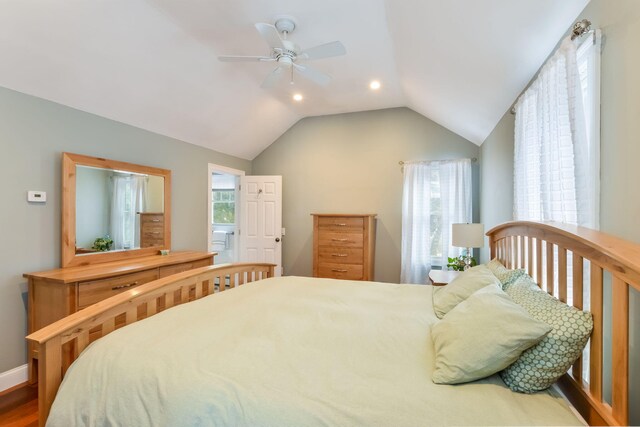 bedroom with recessed lighting, multiple windows, a ceiling fan, and vaulted ceiling