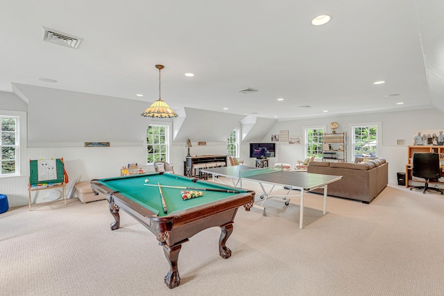 rec room featuring lofted ceiling, light carpet, and pool table