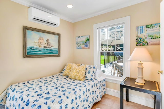 tiled bedroom with crown molding and a wall mounted air conditioner