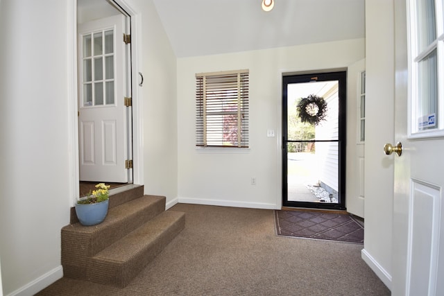 8 Great Rock Rd, Bourne, MA 02532 - carpeted entrance foyer featuring baseboards, stairway, and lofted ceiling