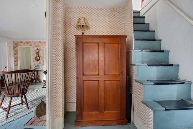 495 Chequessett Neck Rd, Wellfleet, MA 02667 - entrance foyer with wallpapered walls and stairs