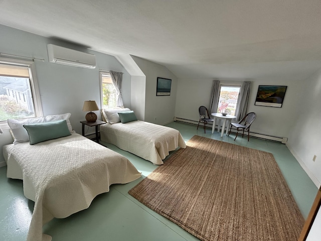 bedroom featuring a wall mounted AC, a baseboard heating unit, and lofted ceiling