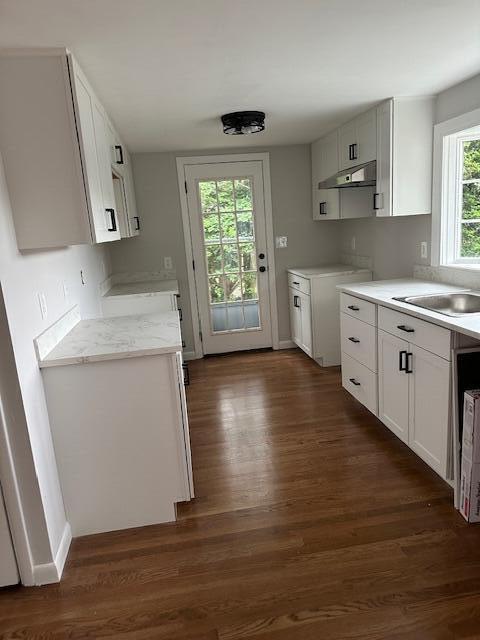 86 Seabrook Rd, Hyannis, MA 02601 - kitchen with under cabinet range hood, dark wood-type flooring, and white cabinetry