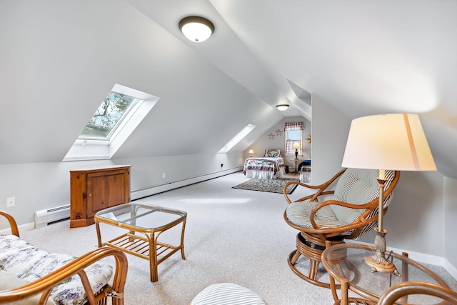 sitting room with light carpet, lofted ceiling with skylight, and a baseboard radiator