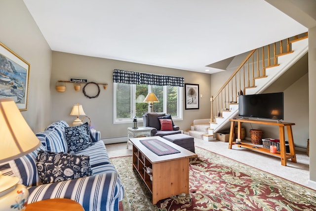 living area featuring stairs, carpet floors, baseboard heating, and baseboards