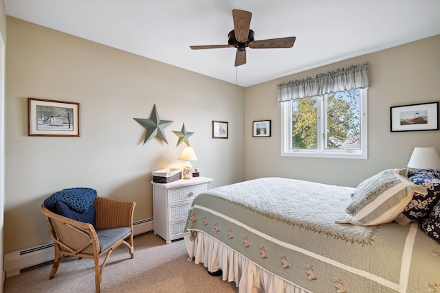 bedroom featuring a baseboard radiator, light colored carpet, and ceiling fan