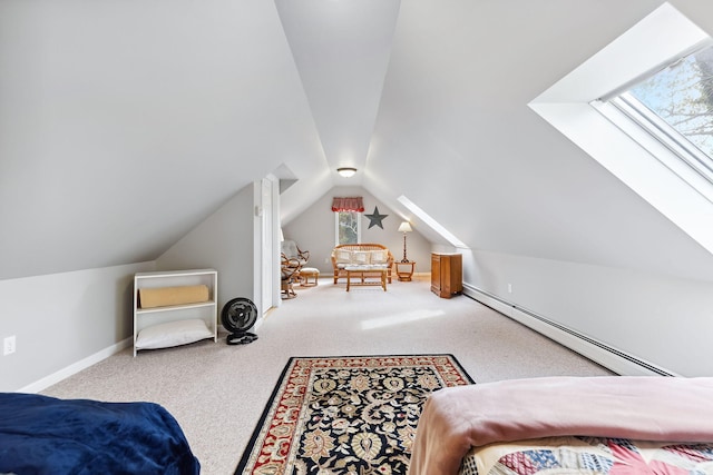 carpeted bedroom featuring vaulted ceiling with skylight, multiple windows, a baseboard radiator, and baseboards