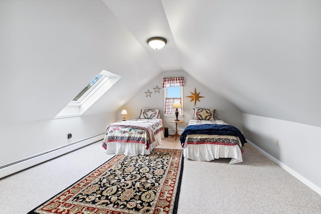 carpeted bedroom featuring vaulted ceiling, a baseboard heating unit, a baseboard radiator, and baseboards