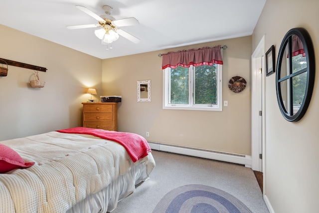 bedroom featuring carpet floors, a baseboard radiator, and ceiling fan