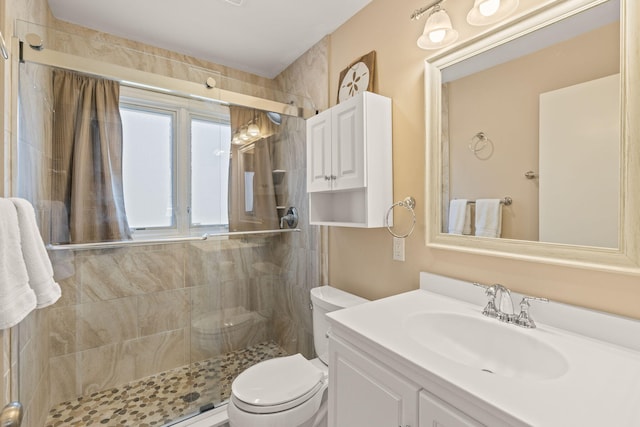bathroom featuring vanity, a stall shower, and toilet