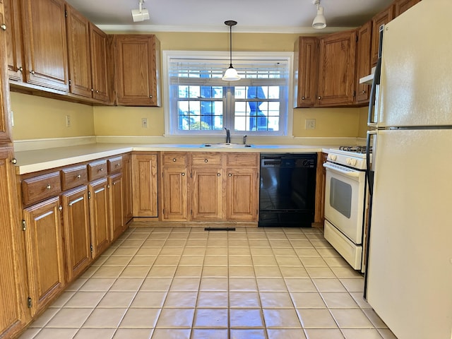 kitchen with white appliances, brown cabinets, a sink, and light tile patterned floors