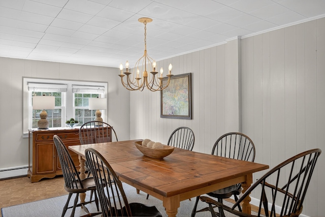 77 Pleasant Rd, West Harwich, MA 02671 - dining area featuring a chandelier, a baseboard heating unit, and ornamental molding