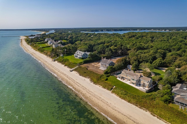 bird's eye view with a view of the beach, a water view, and a view of trees