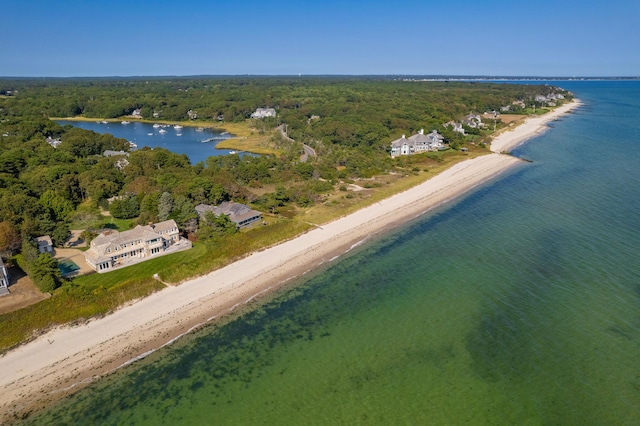 drone / aerial view with a water view and a view of the beach