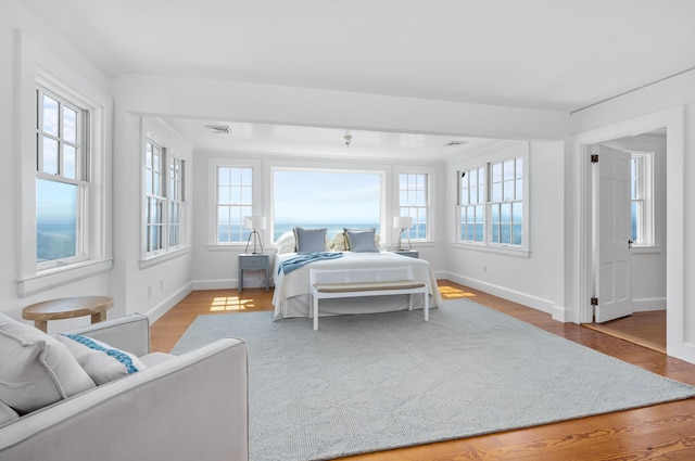 bedroom featuring light hardwood / wood-style floors and multiple windows